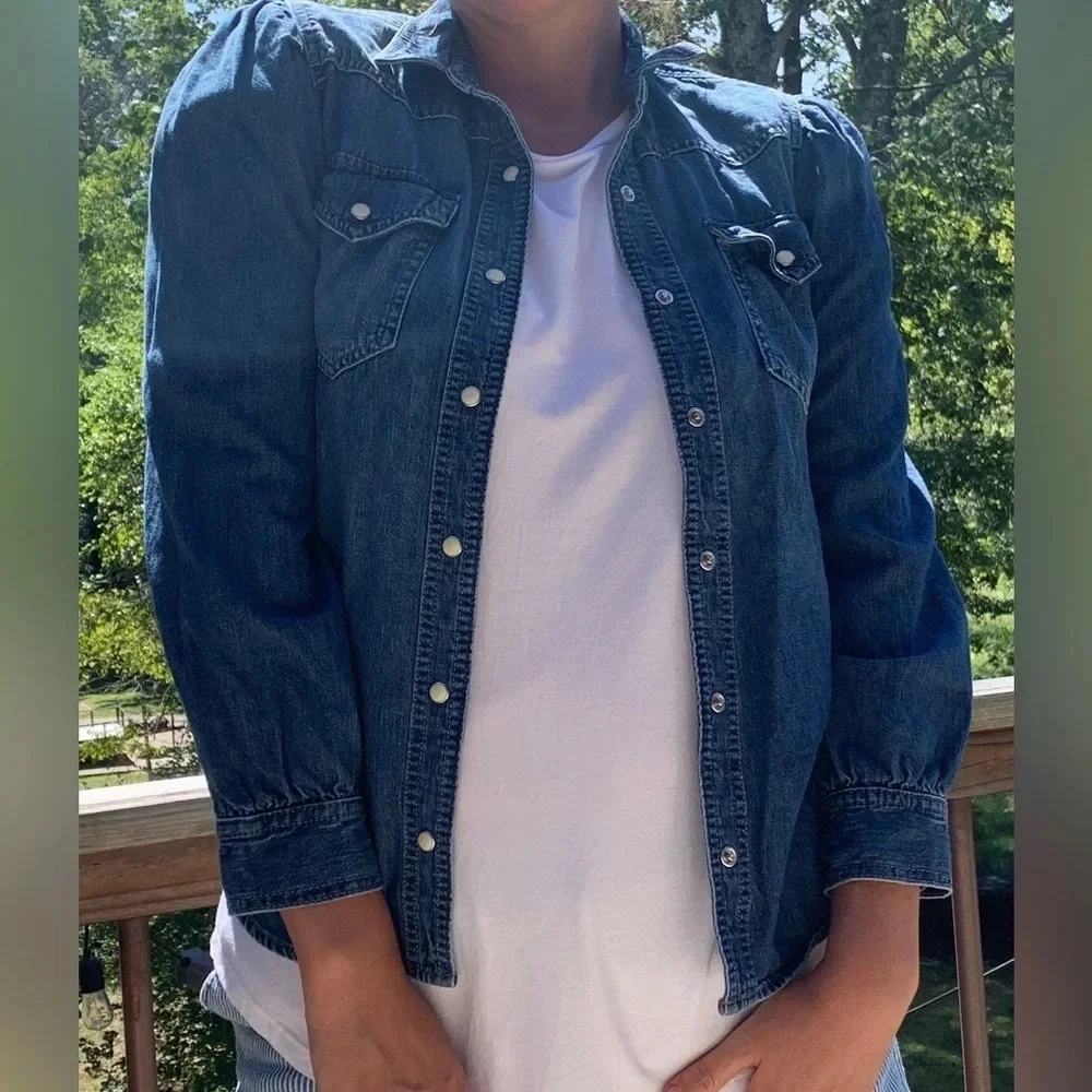 Gap kids xxL or womens small med denim blue Pearl snap western puff sleeve shirt